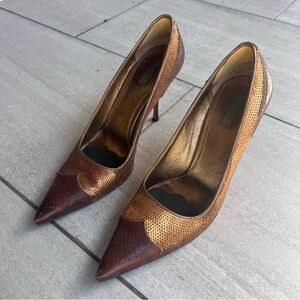 Vintage Prada Pointed Toe Sequin Gold Brown Leather Heels